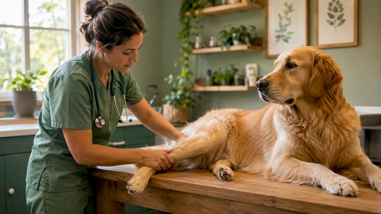 Veterinarian examining dog's knee joint indoors