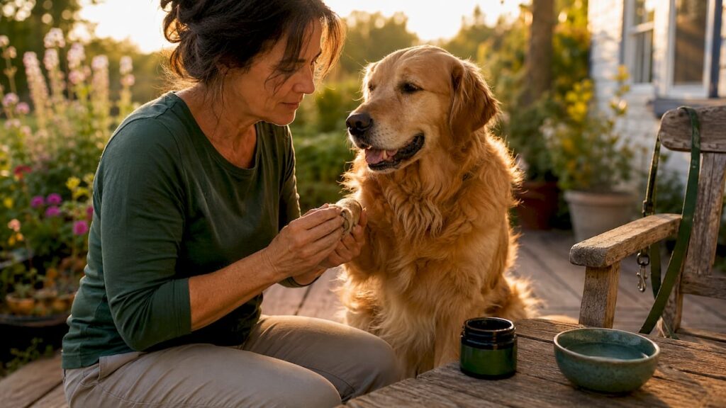 Woman checking dog’s joint health at home