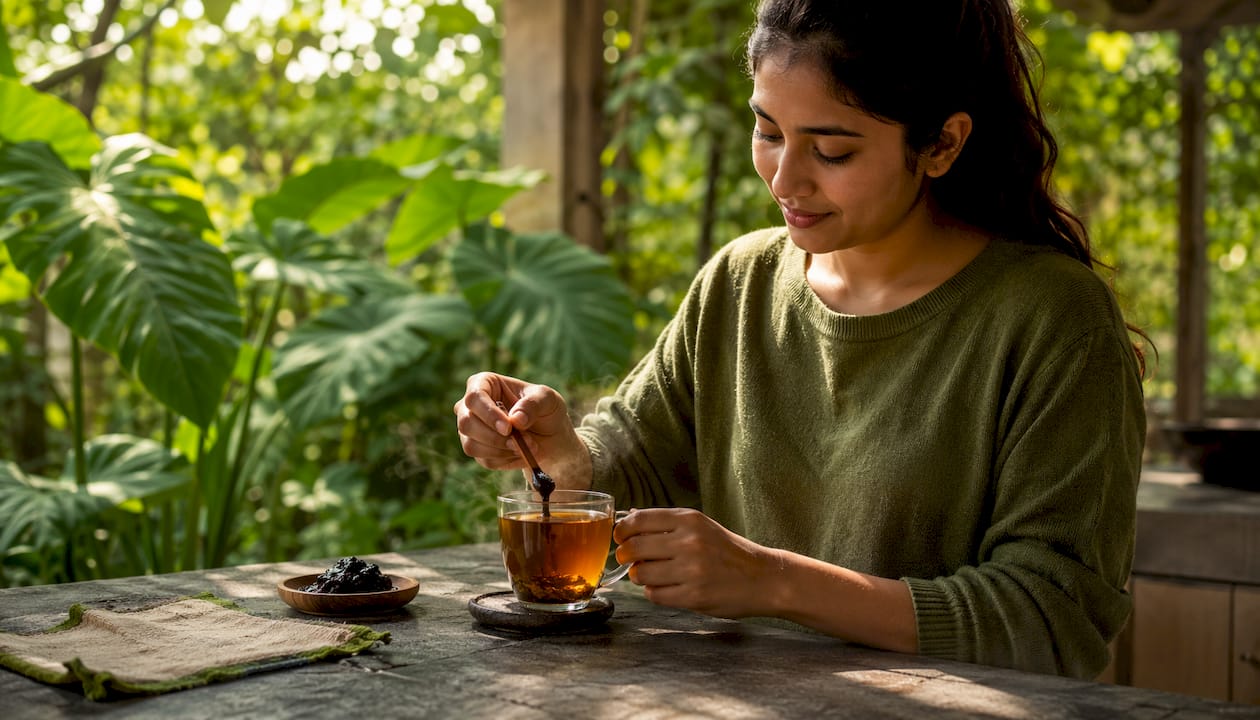 Hands dissolving shilajit resin in herbal tea