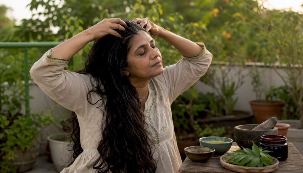 Woman applying Ayurvedic hair oil for growth