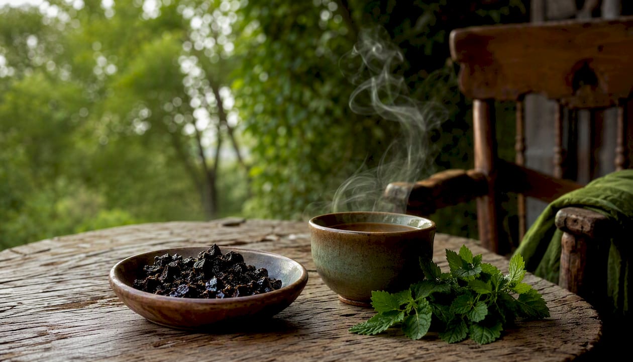 Close-up of Shilajit resin and herbal tea