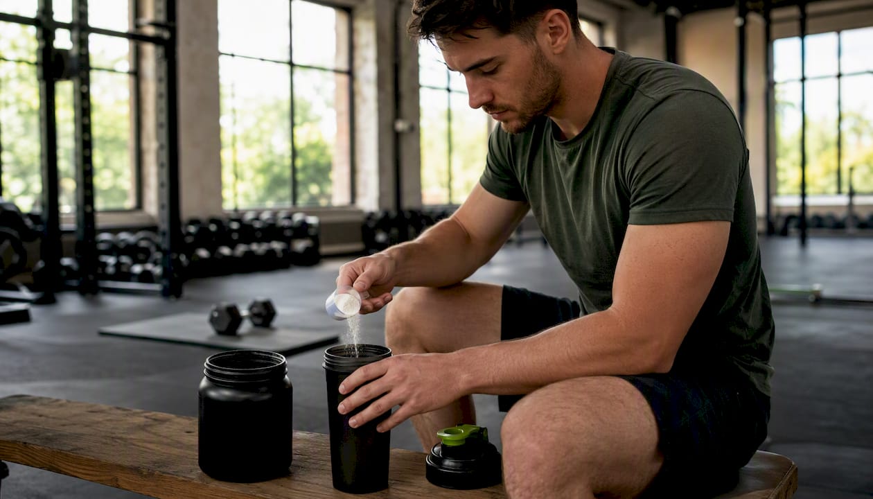 Hands scooping creatine powder in gym locker room