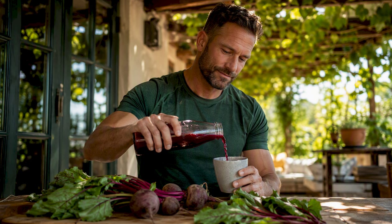 Athlete pouring beetroot juice in sunlit kitchen