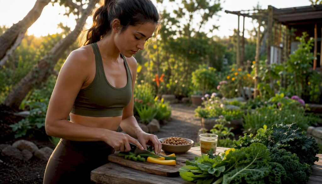 Female athlete preparing mineral-rich meal in kitchen