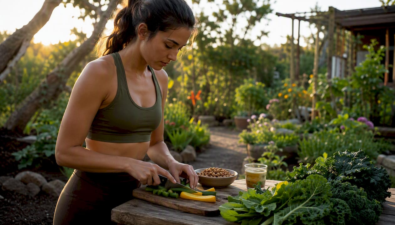 Female athlete preparing mineral-rich meal in kitchen