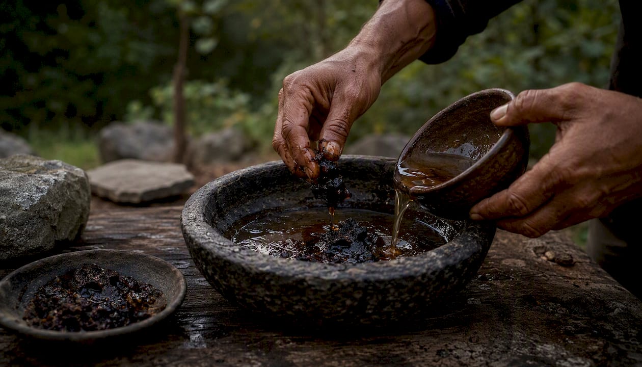 Hands rinsing raw Shilajit resin with Triphala decoction