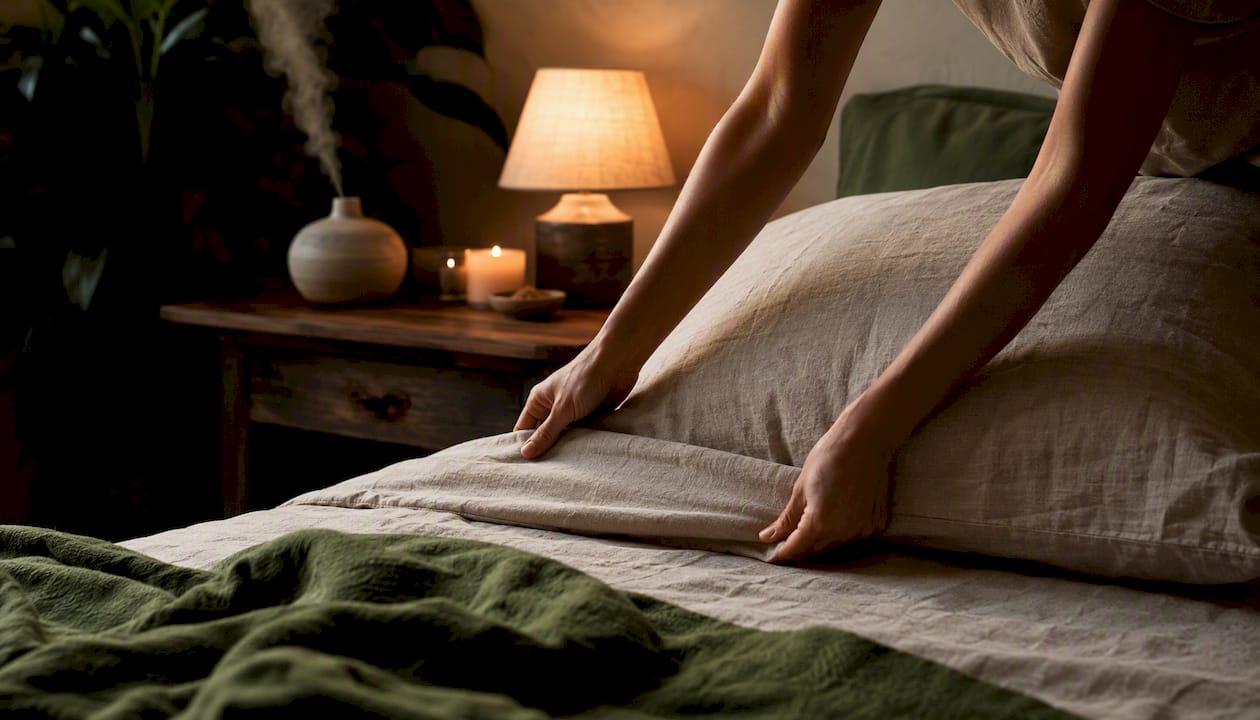 Hands adjusting pillowcase in natural cozy bedroom