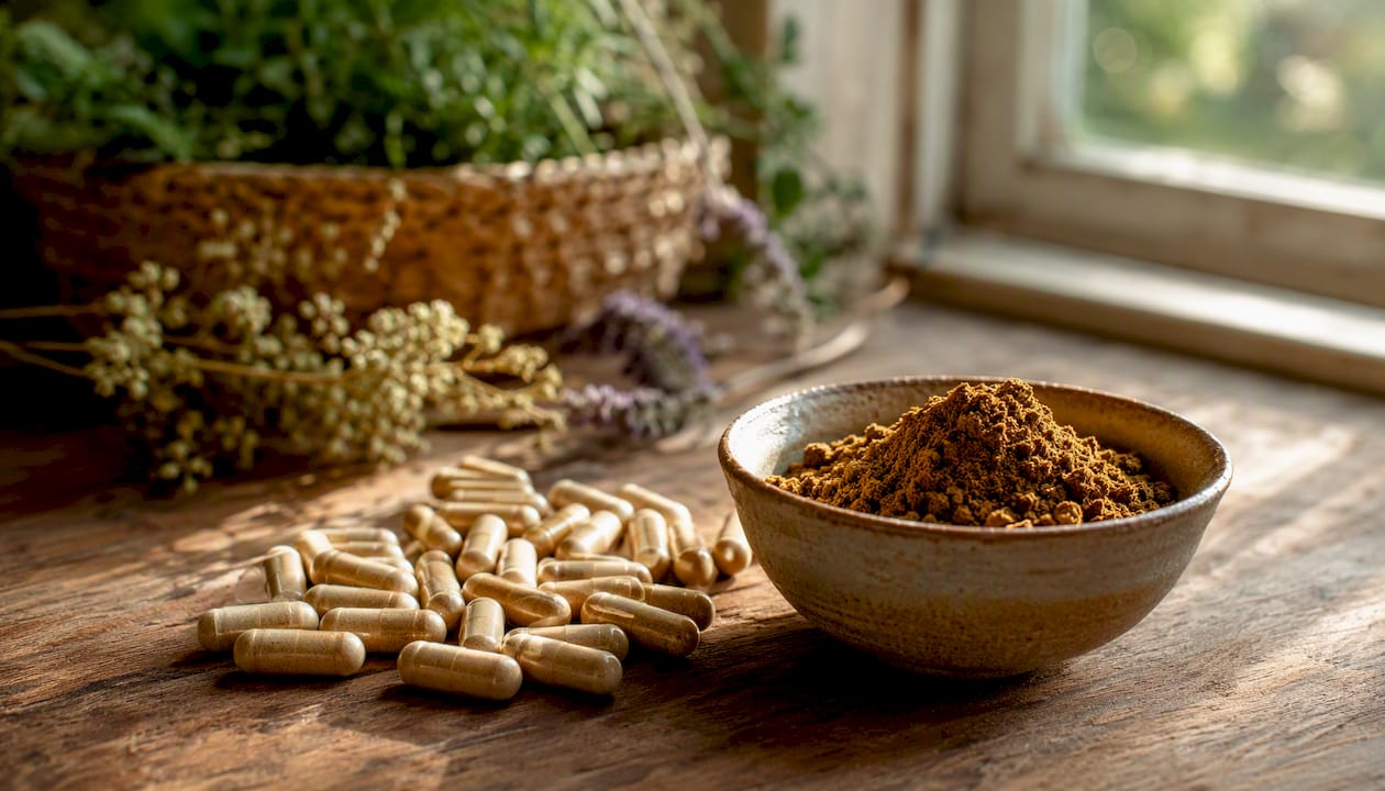 Supplement capsules and resin powder on wood