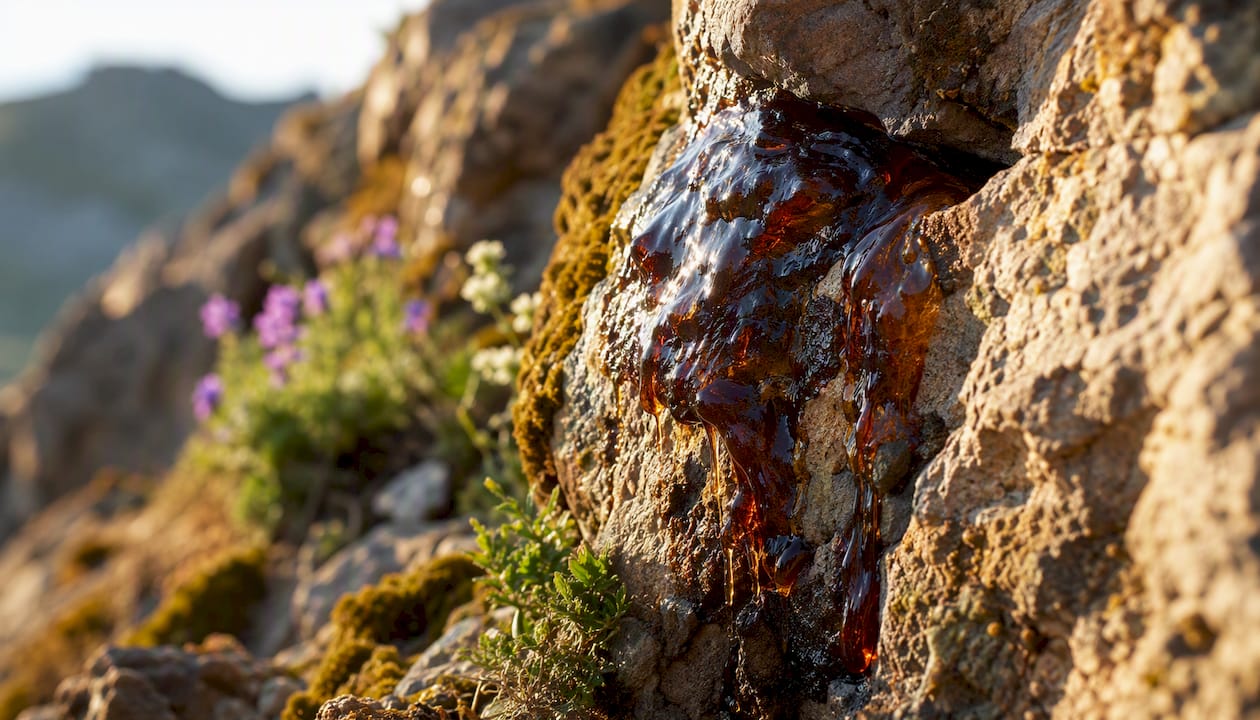 Close-up of raw Himalayan resin on rock