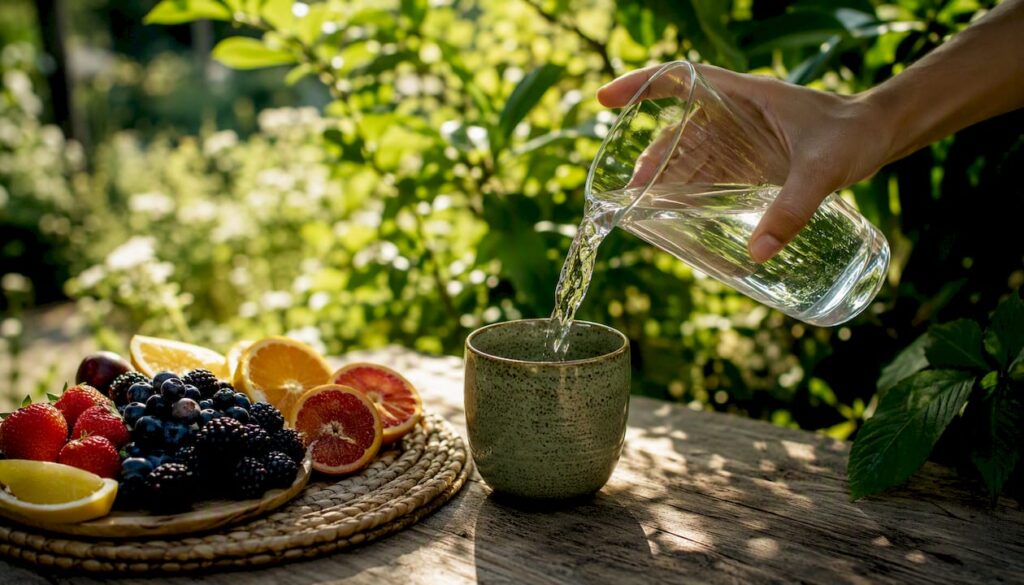 Glass of water poured in morning light by breakfast