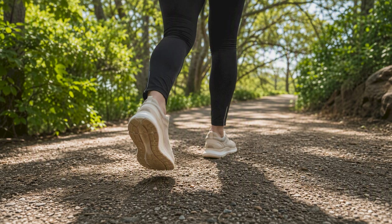 Person walking on shaded path during midday