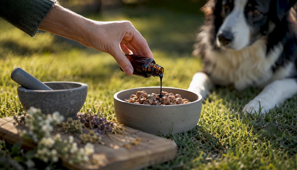 Pouring fulvic acid into dog food bowl