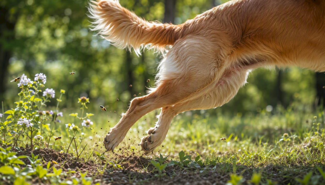 Close-up of dog hind legs and healthy coat outdoors
