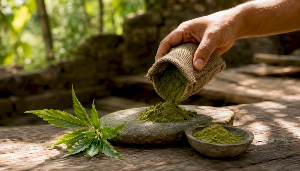 Fresh bhringraj powder and leaves close-up