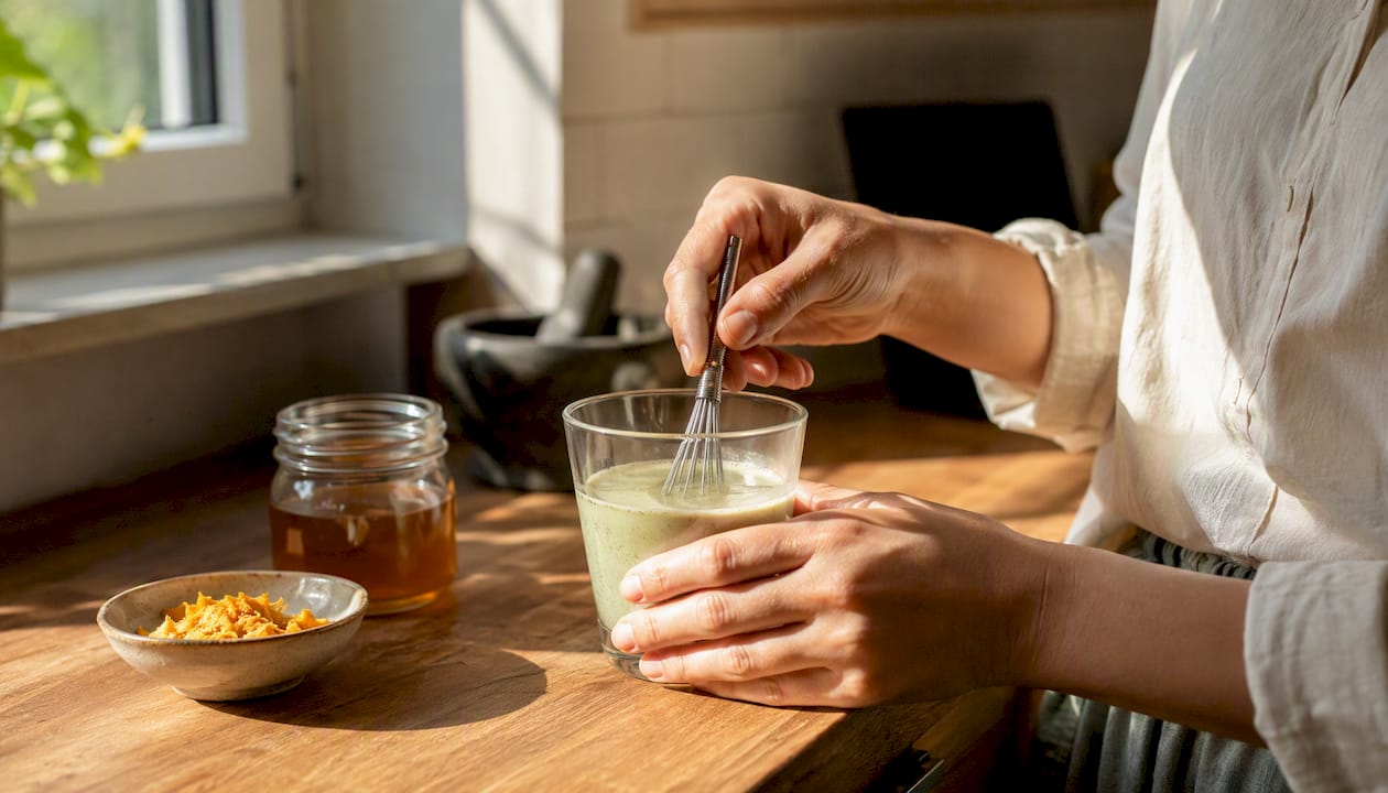 Stirring bhringraj powder into warm milk