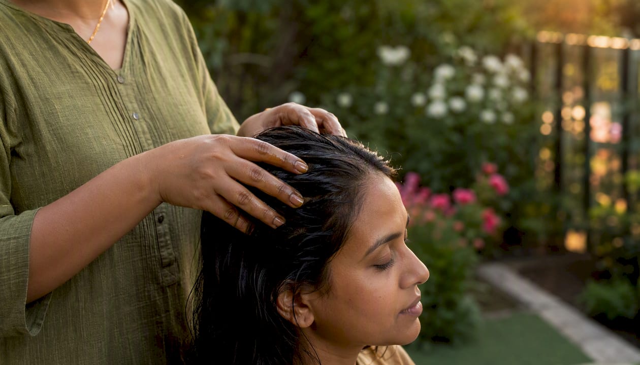Hands applying bhringraj oil to scalp