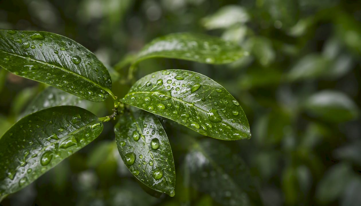 Fresh green leaves with water droplets representing antioxidants