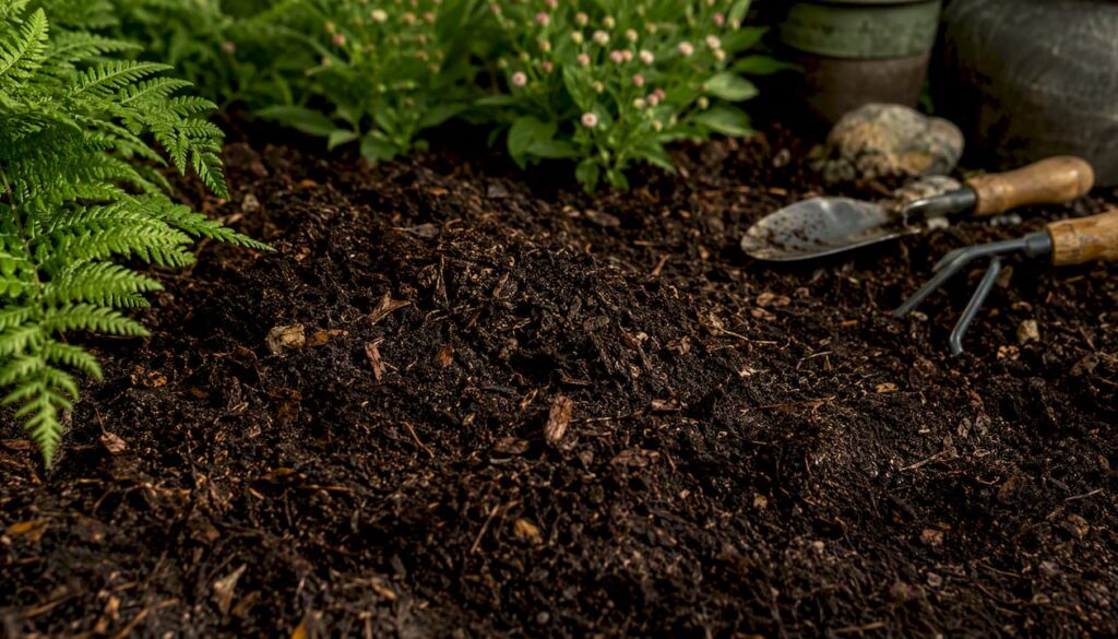 Close-up of humic acid rich soil with organic matter