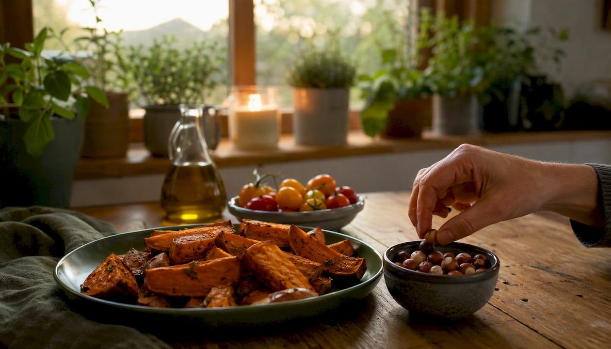 Hand reaching for Brazil nuts on wooden table