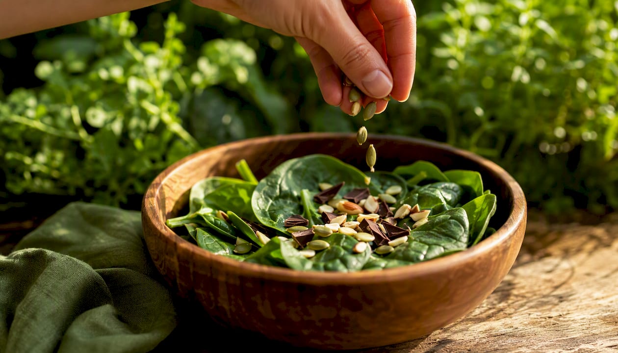 Hand adding pumpkin seeds to magnesium-rich foods