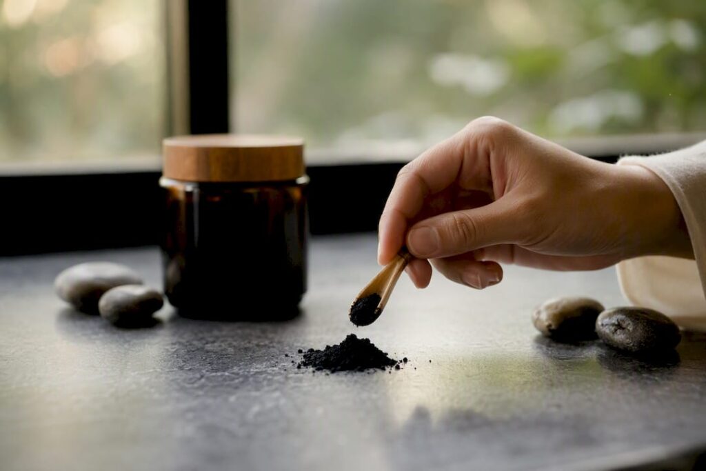 Hand measuring shilajit powder dose with wooden scoop