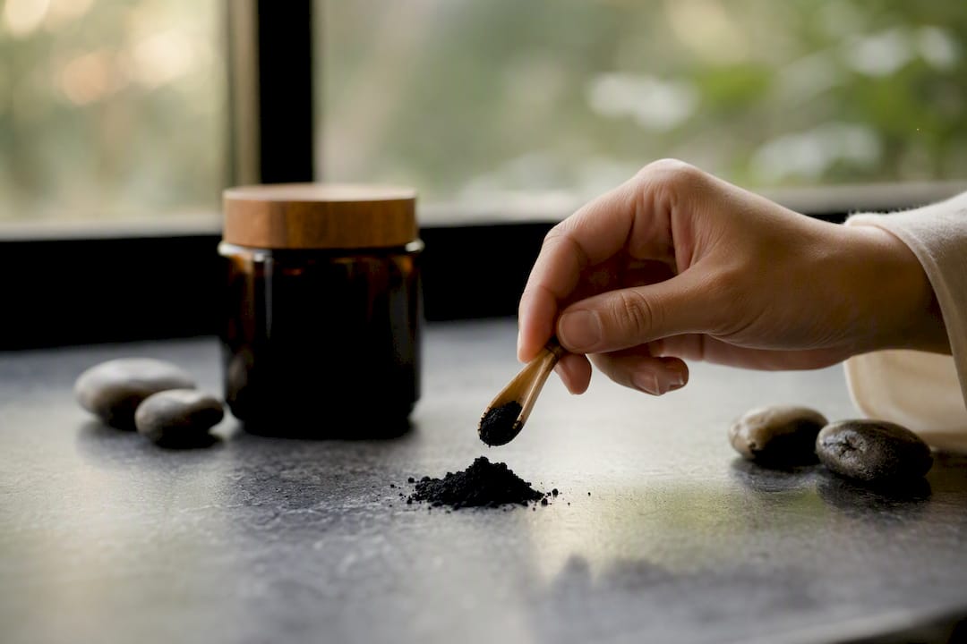 Hand measuring shilajit powder dose with wooden scoop