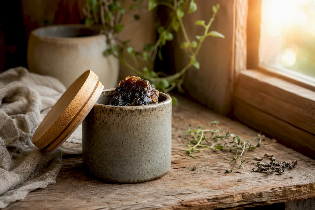 Glass jar storing natural shilajit resin