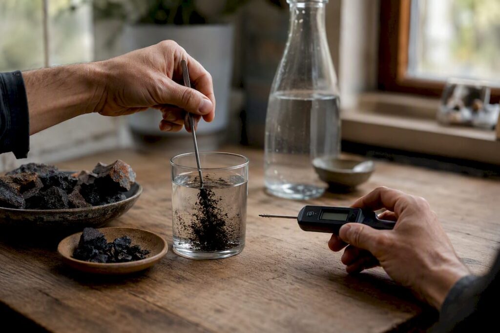 Hands testing shilajit resin solubility and temperature