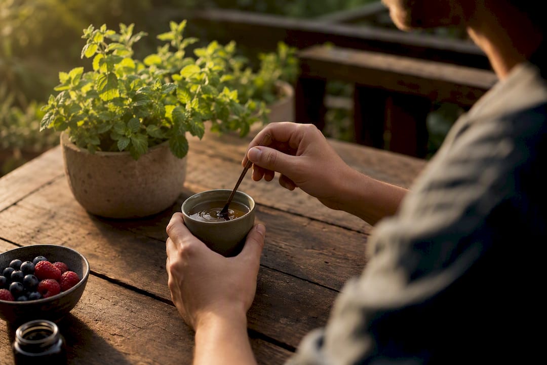 Hands stirring natural resin supplement in warm water