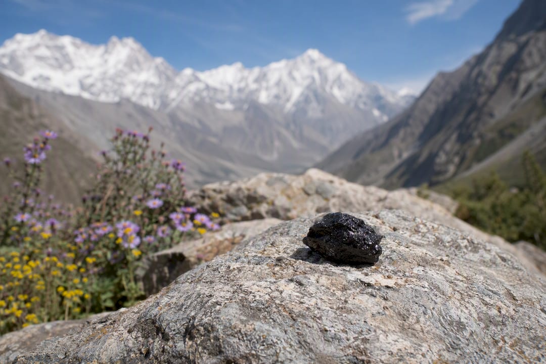 Close-up of natural Shilajit resin on Himalayan rock