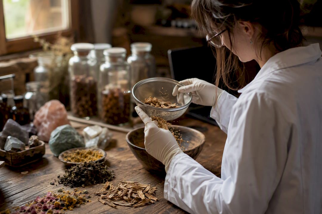 Gloved hand sieving herbal powder for testing