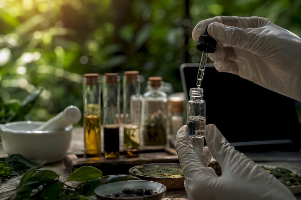 Hand pipetting liquid in supplement lab testing