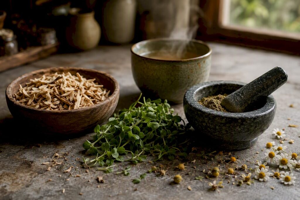 Clay bowl with Shatavari roots and herbs on wooden table