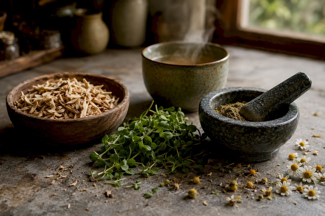Clay bowl with Shatavari roots and herbs on wooden table