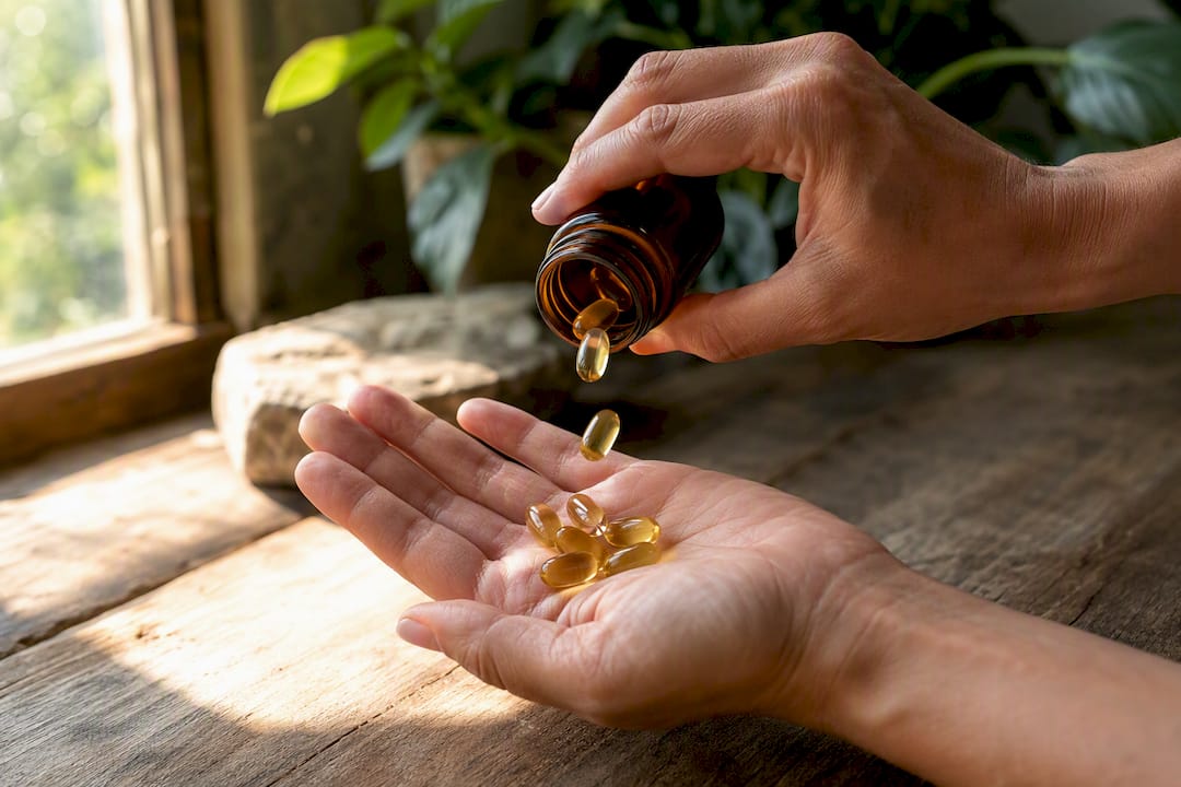 Hands holding Shatavari capsules poured from amber bottle