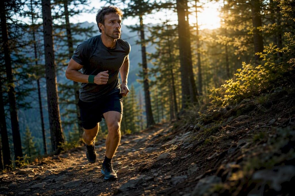 Athlete running uphill on forest trail