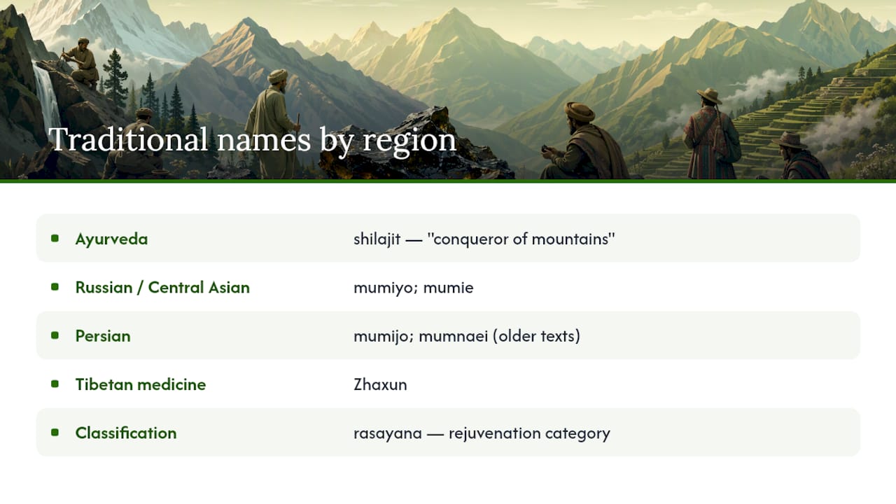 What Do Traditional Names Reveal About Shilajit's History? — overview diagram