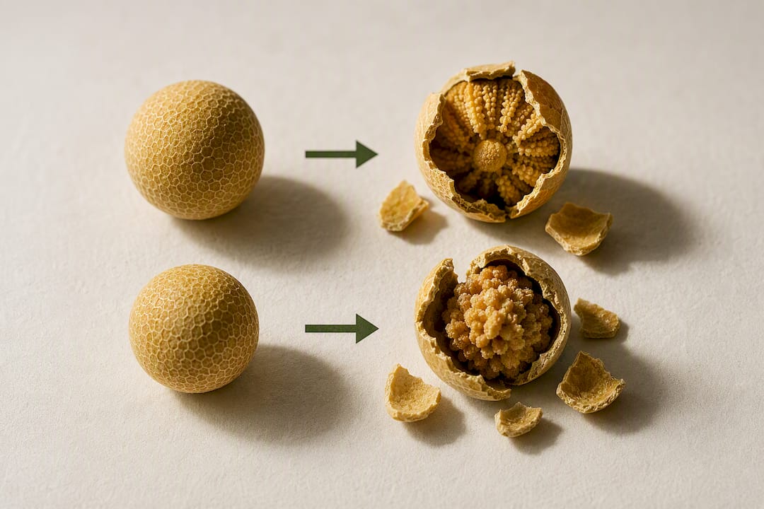 Intact and cracked pine pollen grains