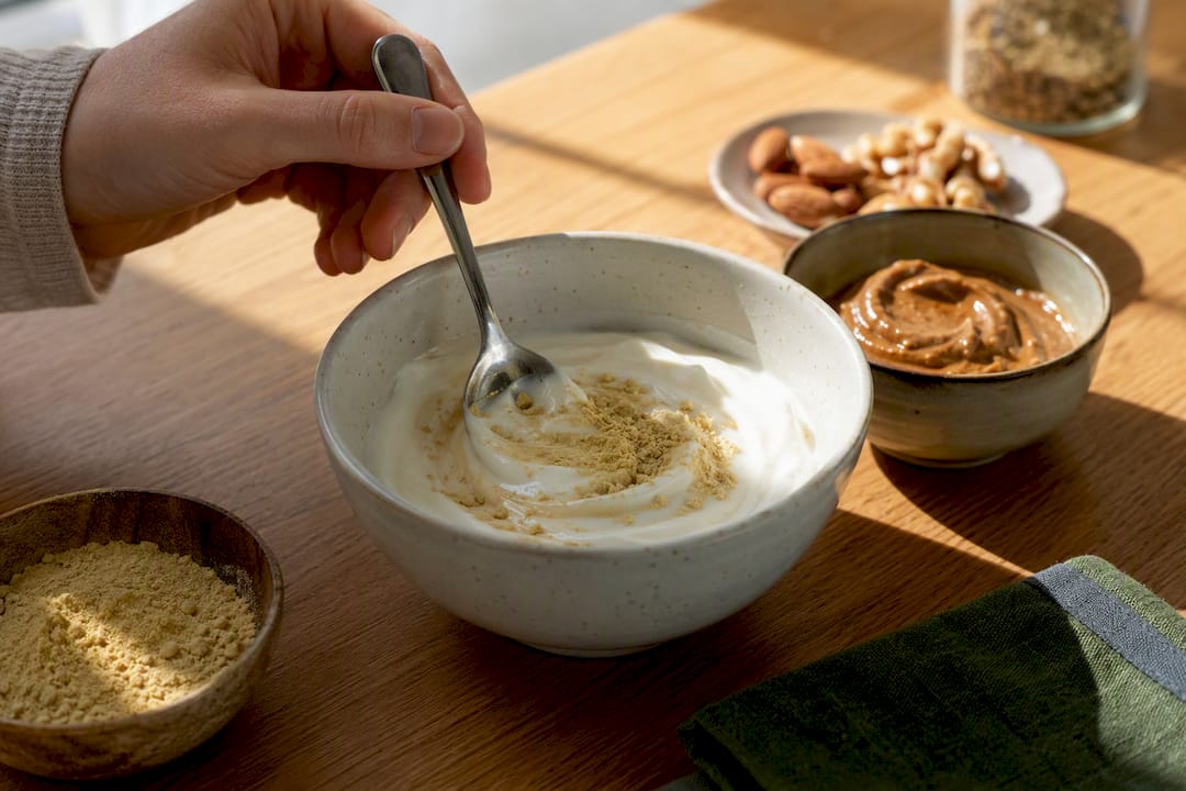 Pine pollen powder mixed into yogurt