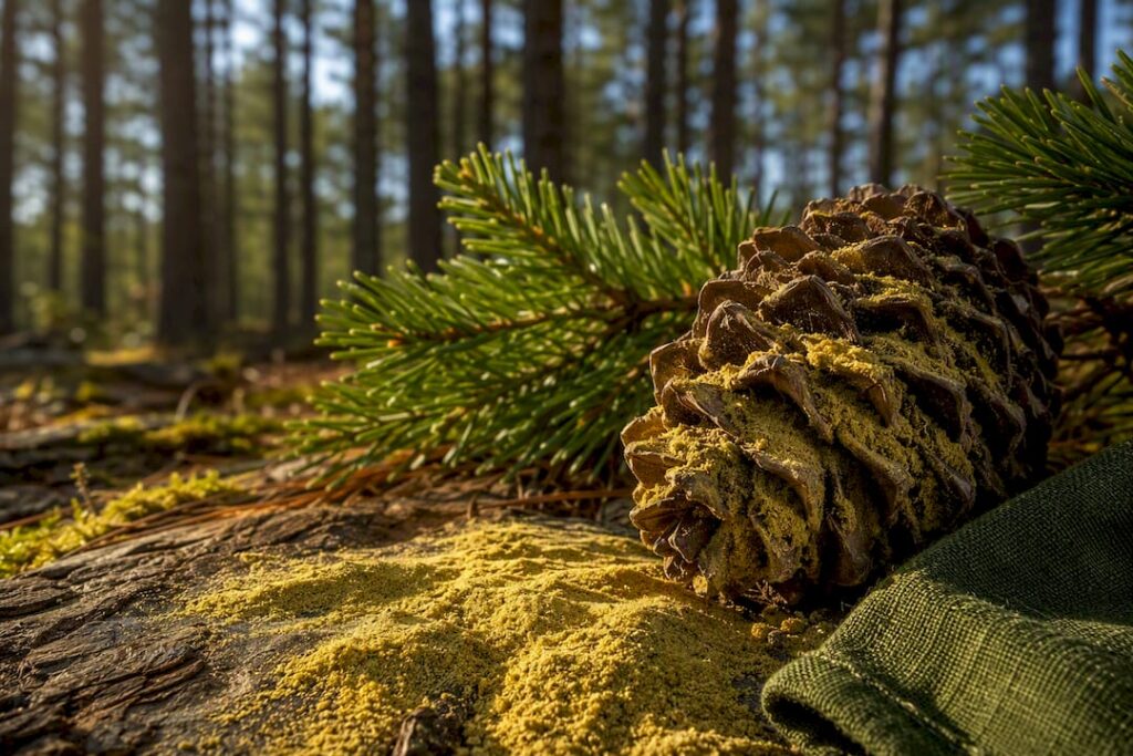 Pine pollen on a pine cone