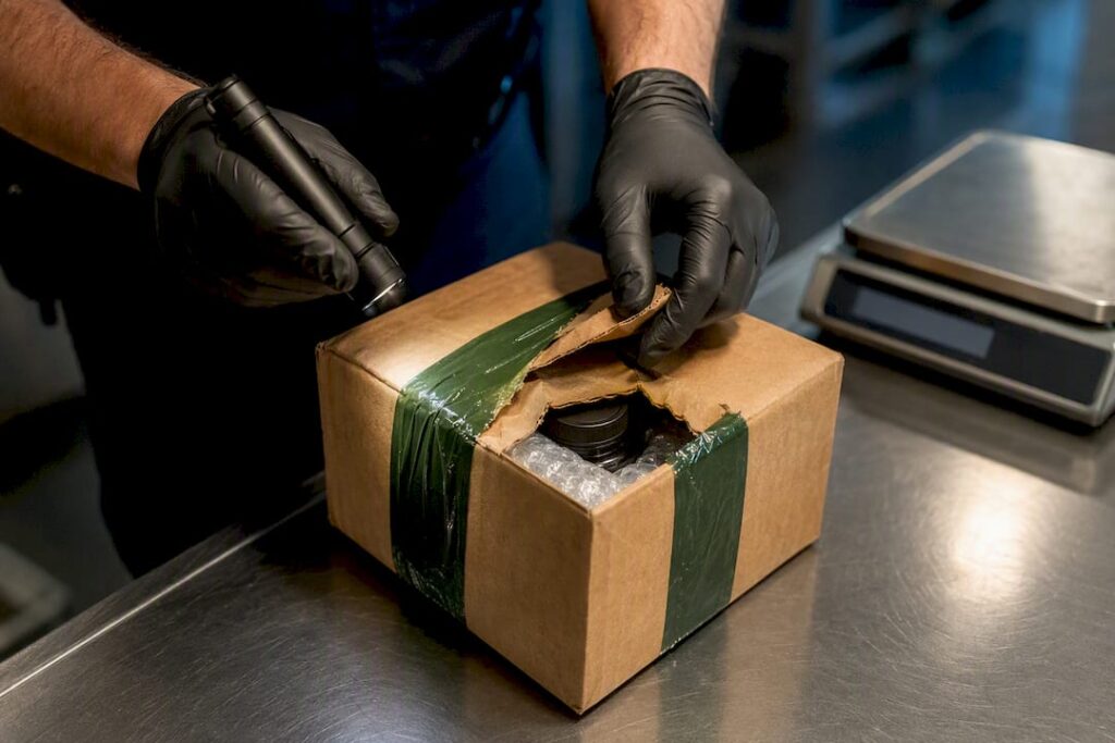 Customs officer inspecting supplement parcel