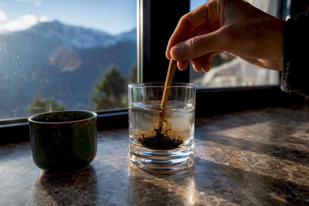Shilajit dissolving in warm water before breakfast