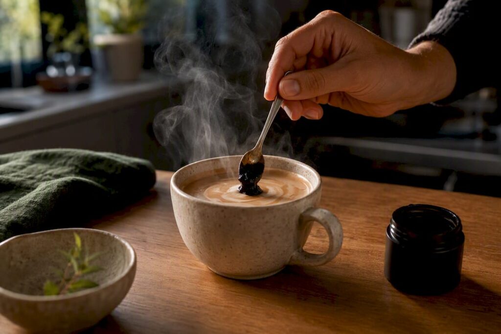 Shilajit resin stirred into warm coffee