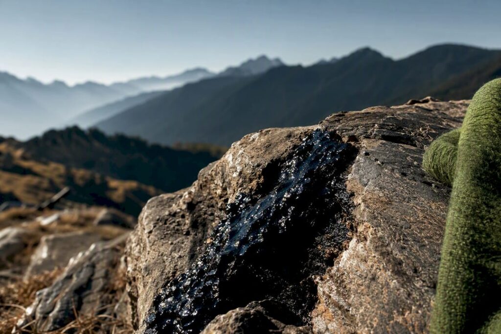 Shilajit resin emerging from Himalayan rock