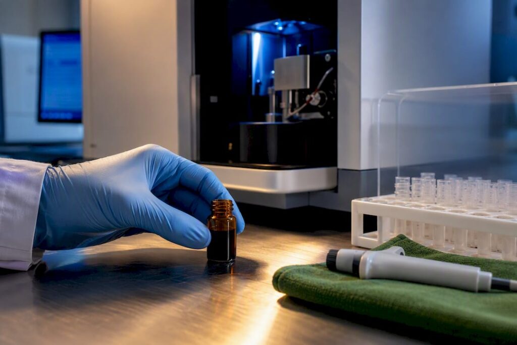 Anonymous sample vial beside testing instrument
