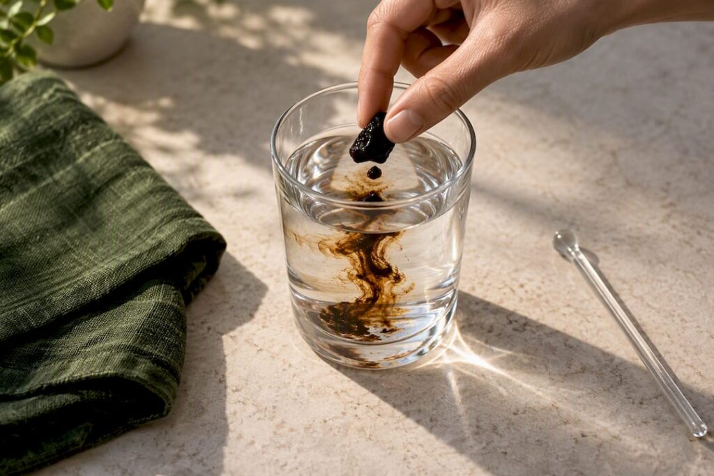 Shilajit resin dissolving in warm water