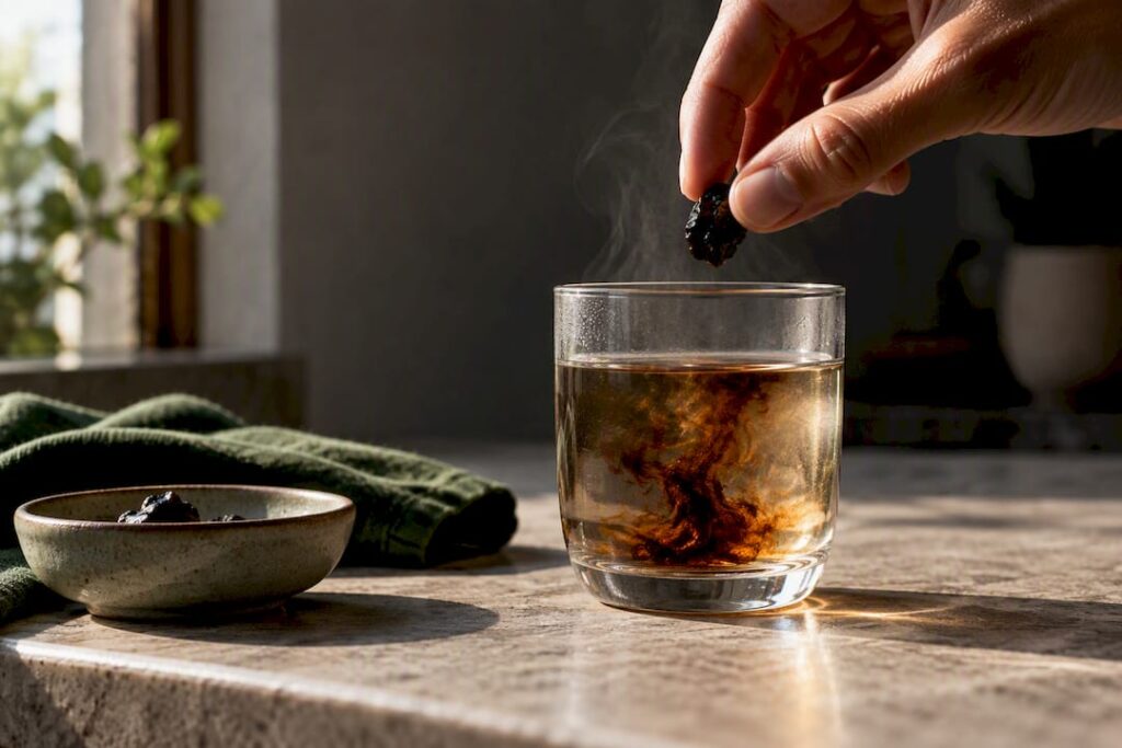 Shilajit resin dissolving in warm water