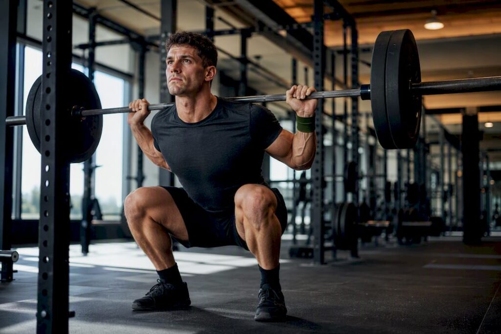 Athlete performing controlled barbell squat